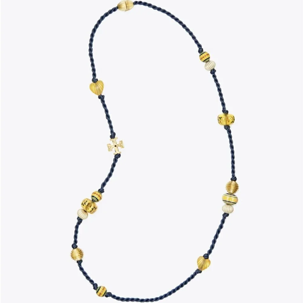 Tory Burch Long Beaded Necklace Silk Cord Gold Beads Statement Layering Necklace